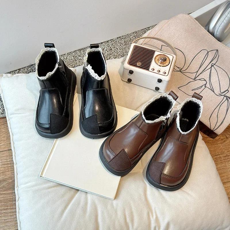 Kids Ankle Boots with Sweet Lace Girls Princess Boots with Cotton Non-slip 2024 Autumn Winter New Children Short Boots Elegant