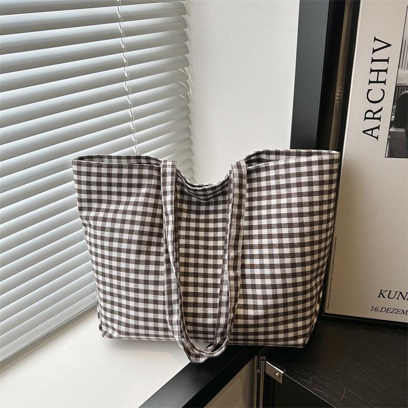 Canvas Bag Women's Summer New Casual Versatile Student Class Plaid Shoulder Bag Vacation Tote Bag