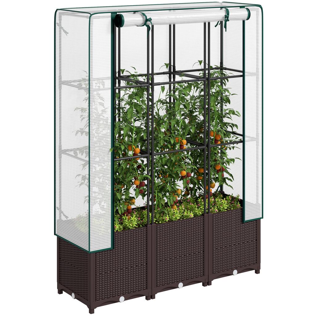 Raised Garden Bed with Trellis, Plastic Planter Box with PE Cover, Drainage Holes, Drain Plugs and Water Reservoirs for Climbing Plants, Vegetables