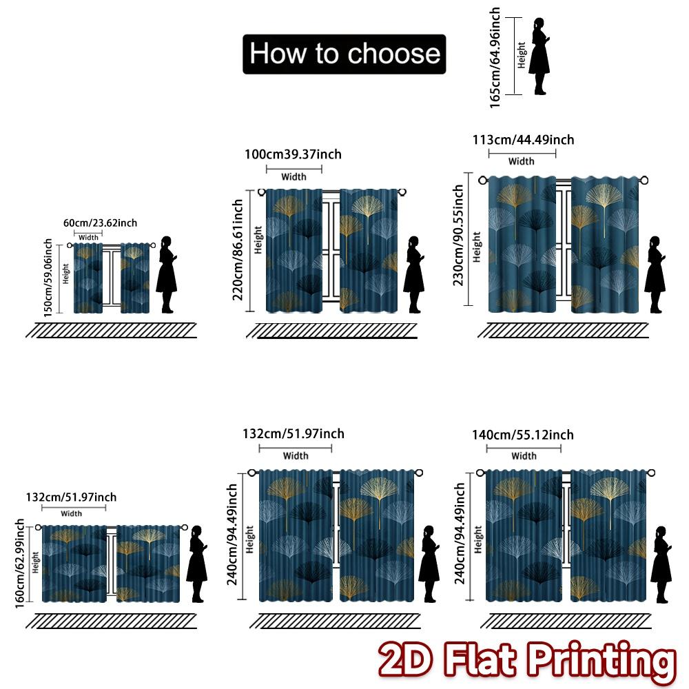Set Of 2 Minimalist Flat Printing Curtains Without Rod Ginkgo Leaf Design Ramadan Festival Fabric Curtain Made Polyester Machine Washable