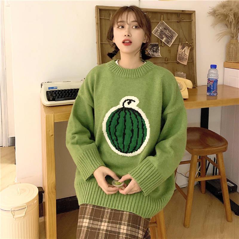 Pofulove Autumn Winter Fun Fruit Jacquard Sweater Loose Thick Long Sleeved Pullover Sweater Women