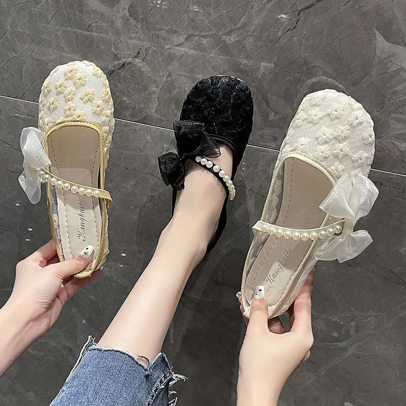 Bow bag head slippers women's outer wear 2025 summer thin mesh breathable one pedal flat lazy maternity shoes
