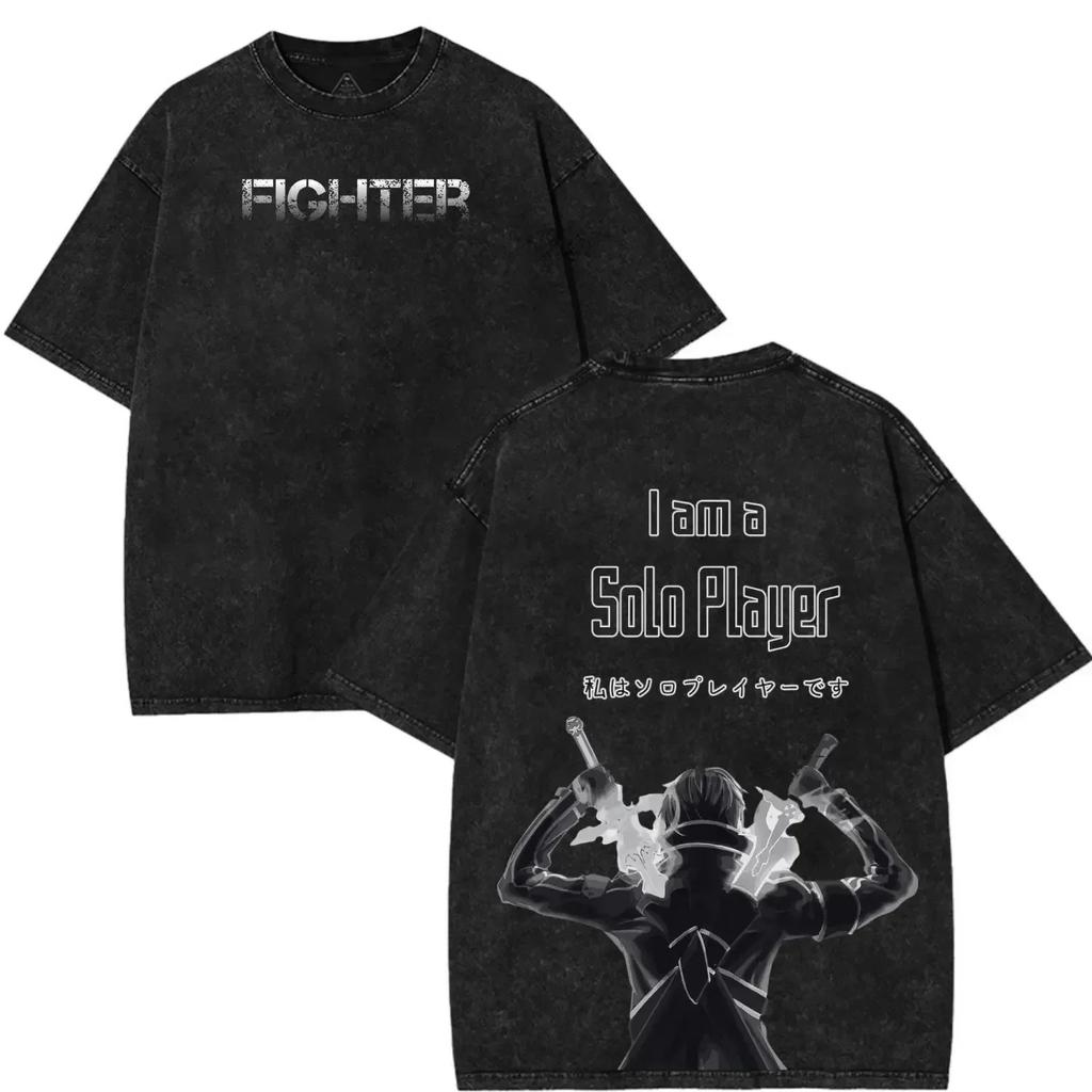 Sword Art Online Kirito Dual Swords Double-Sided Washed T-Shirt Aincrad Castle Black Vintage Anime Oversized Casual T-shirt