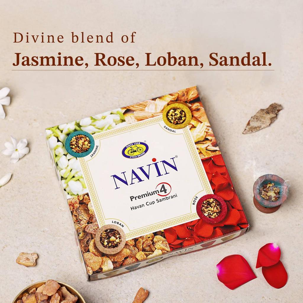 Cycle Pure Navin Premium 4-in-1 Havan Tasse Sambrani Packung mit 3 x 12 Tassen Jasmin Sandel Rose Guggul