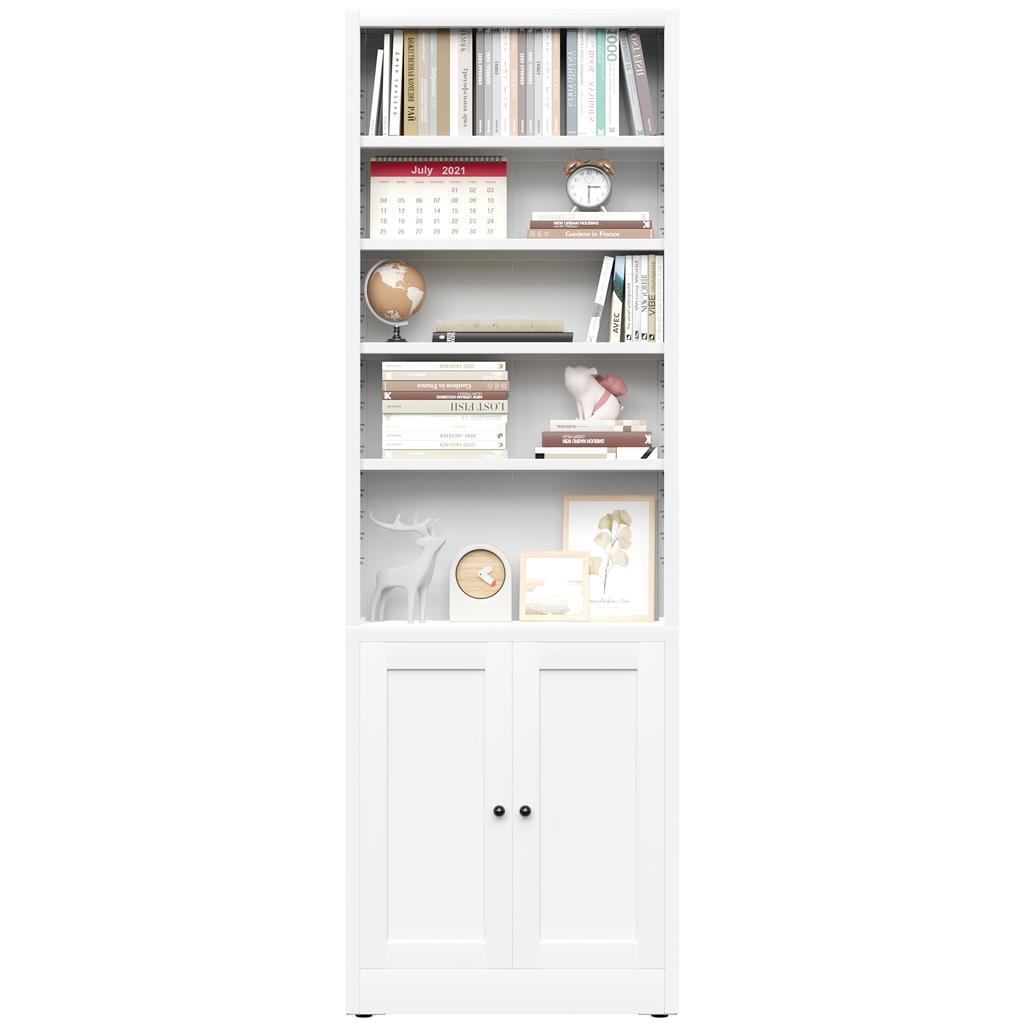 Metal Bookshelf with 5 Levels and Door, Industrial White, Adjustable Shelves, Dimensions H 180 x W 60 x D 23.6 cm, for Living Room, Office and Library