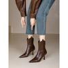 Pointed Stiletto Back Zipper Boots Year Brown Leather Boots Skinny Boots High Heels