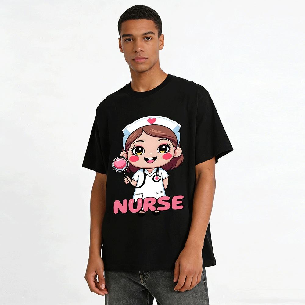 Cute Cartoon Nurse Print Casual T-Shirt Medical Themed Fun Top Pure cotton T-shirt