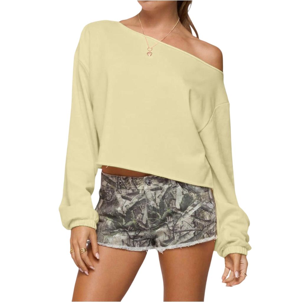 Women's Fashionable Casual Versatile Loose One-shoulder Pullover Women's Style Off-Shoulder Long-Sleeved Sweatshirt