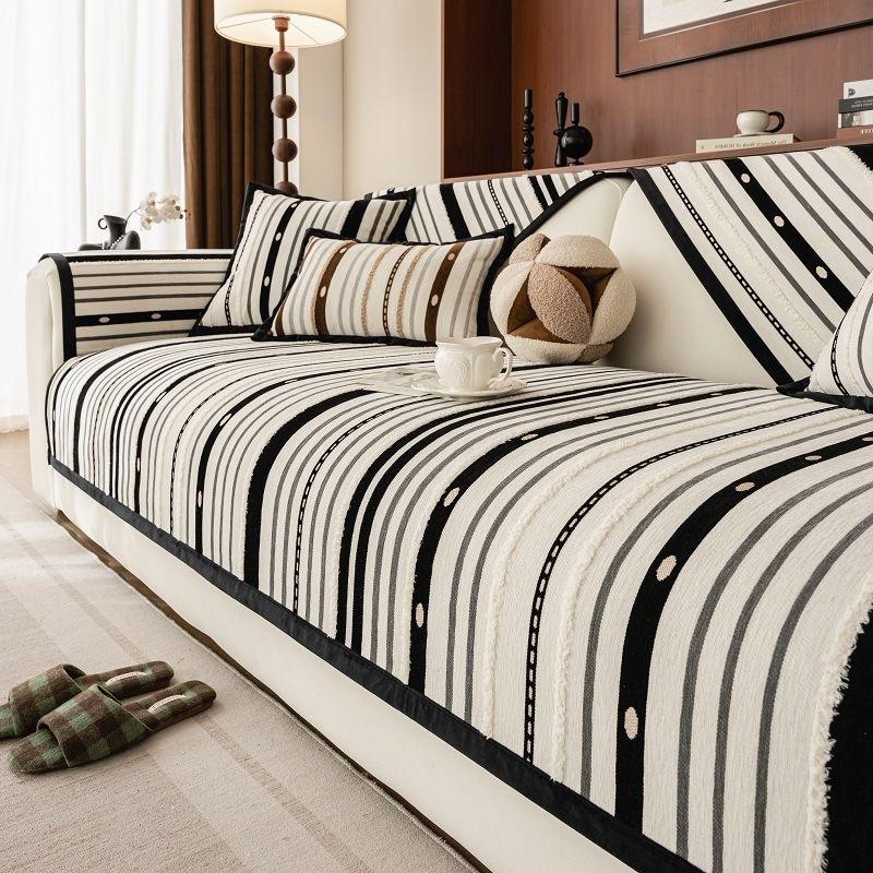Chenille Sofa Cover, Non-Slip Sofa Protector, Striped Couch Cover for Double Sofa, Universal Fit, Four Seasons