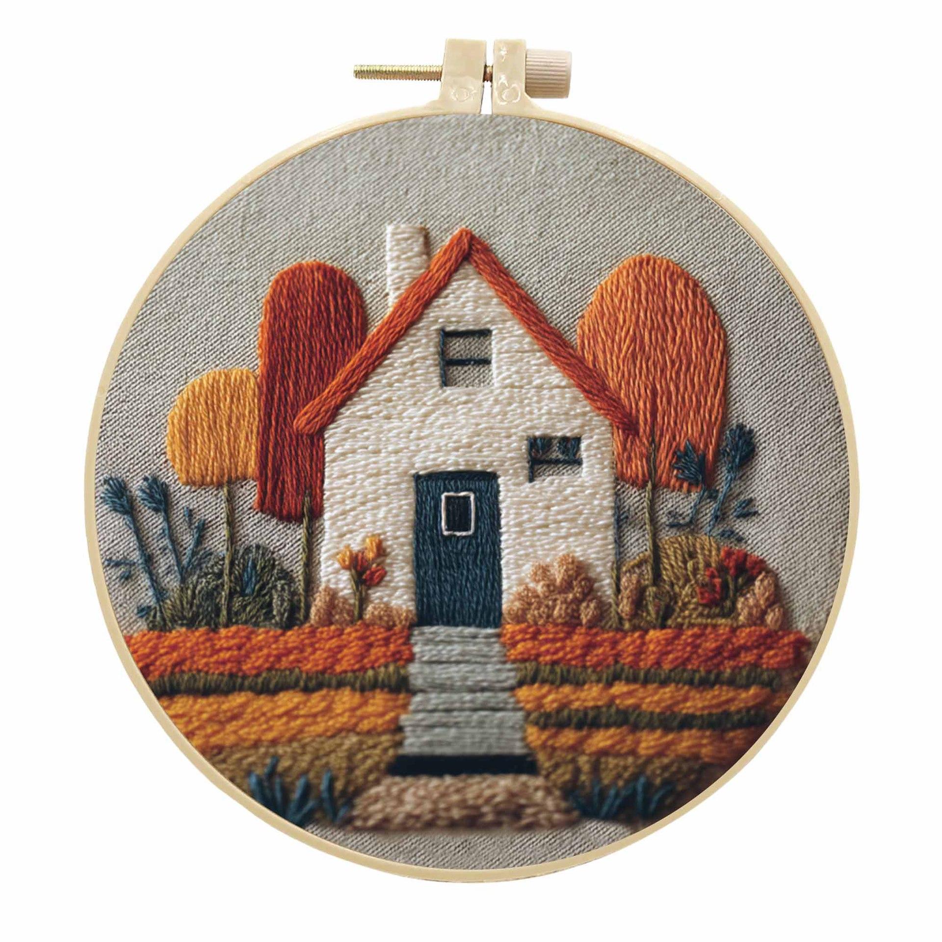 

1 set Cartoon-style Autumn Cottage DIY Embroidery Material Kit, including beginner-friendly tools and stitch tutorials, embroidery fabric material bag 15cm