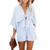 Womens Striped Tie Front V Neck Batwing Sleeve Romper With Pockets