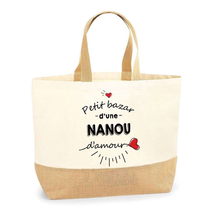 Sac Jute Petit Bazar Nanou d'Amour | Cabas de Plage Courses Coton et Toile de Jute Idée Cadeau Femme Collègue Anniversaire