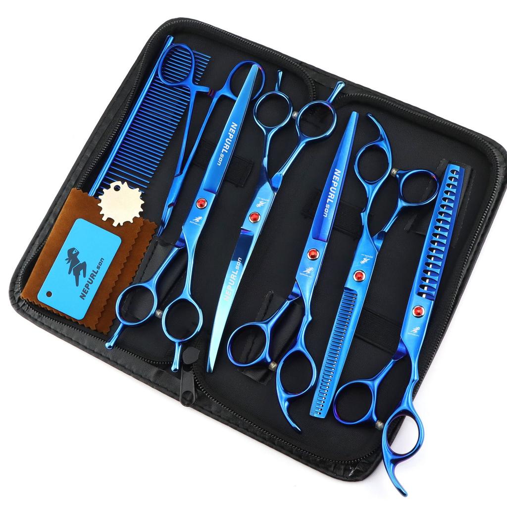 Juego de tijeras de peluquería para mascotas de 7.0 colores: tijeras planas, tijeras curvas, tijeras con dientes de espina de pescado, tijeras finas, multicolor. Incluye el logotipo de Just Combed.