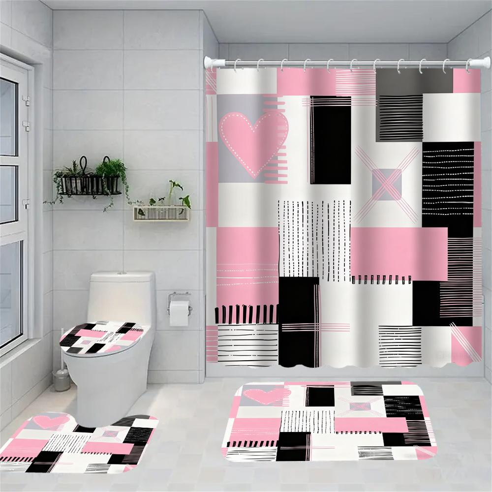 1/4 Geometric grid  print shower Curtains, Toilet Seat Decoration, Shower Curtain with Carpet and Toilet Lid, 70.8x70.8 inch