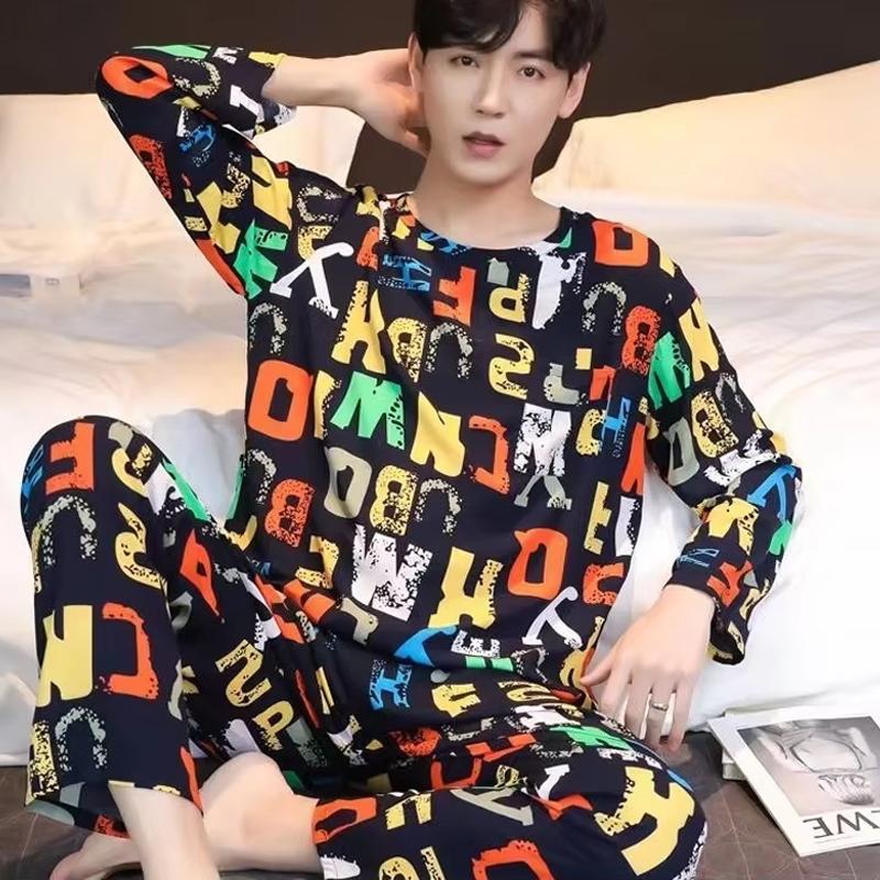 Men Pajamas Long-Sleeved Long Trousers Autumn and Winter Large Size Homewear Two-Piece Kit Sleepwear Loungewear Youth Nightwear