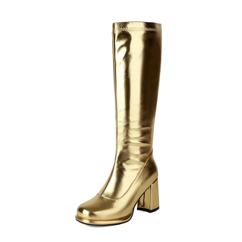 Sung Fit Women's Knee High Boots Gold Silver Comfy Shoes Soft Patent Leather Chunky High Heels Footwear