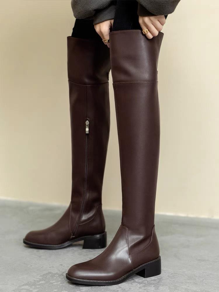 

Коричневые женские ботфорты 2025 осень и зима новая высокая кожа толстые ноги большой обхват голенища толстые мм рыцарские сапоги 40
