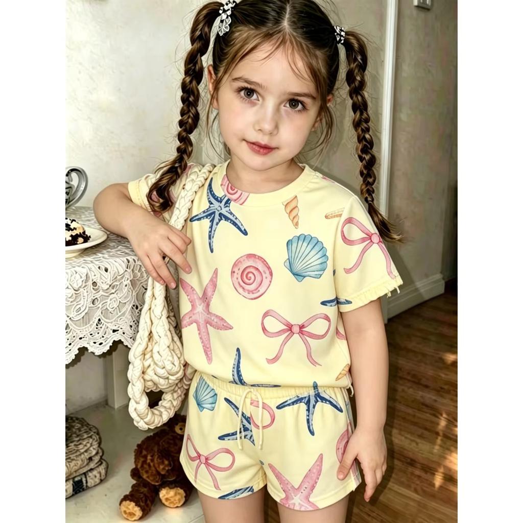 Girls Crew Neck Short Sleeve Matching Shorts Set Sea Star Shell Bow Print Soft Breathable Kids Daily Casual Summer Outfit Ages