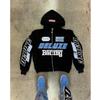 Bacing Print Zip-Up Hoodie Mens Loose Fit Streetwear Sweatshirt