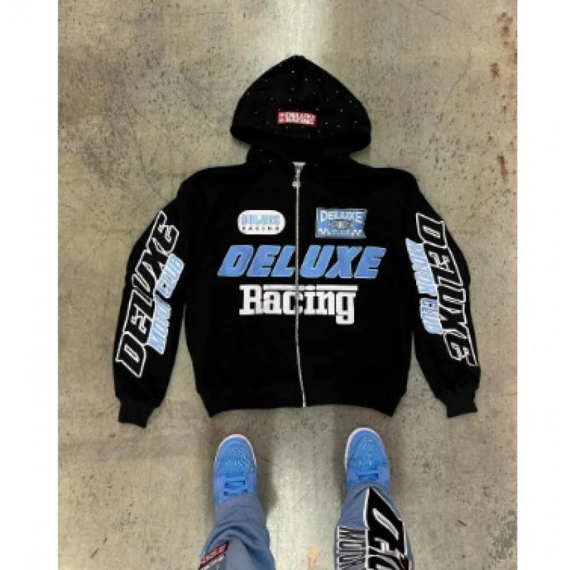 Bacing Print Zip-Up Hoodie Mens Loose Fit Streetwear Sweatshirt