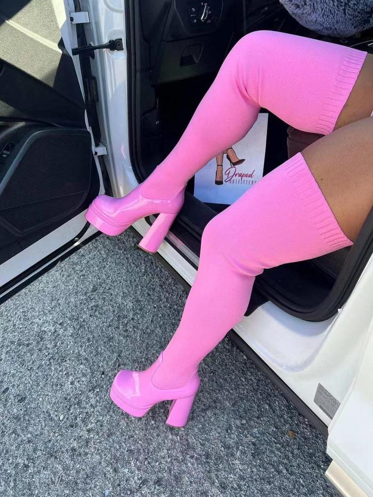 Knitted Yarn Autumn and Winter New Round Toe Thick Heel Knee High Boots for Women Warm Fly Knit Elastic Socks Boots Long Tube Boots