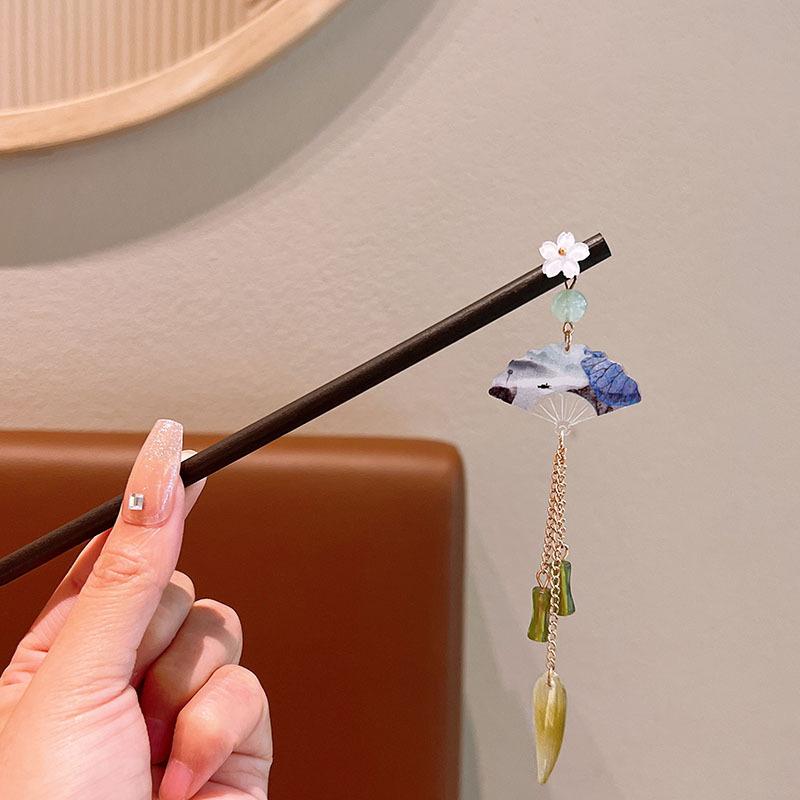 Exquisite Flower Tassel Wooden Hairpin Retro Chinese Style Handmade Floral Hair Stick Vintage Girls Women Hanfu Hair Accessories