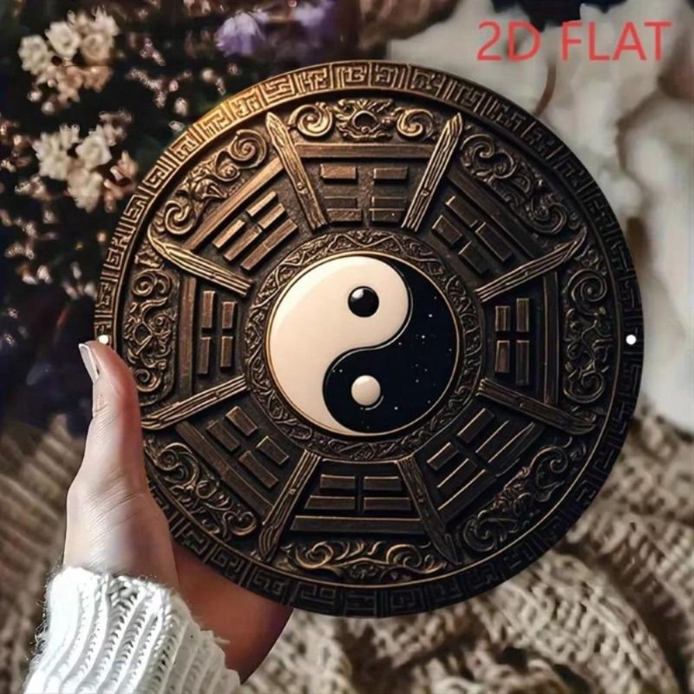 Metal Wall Poster Taoism Taiji Bagua Pattern Vintage Round for Living Room