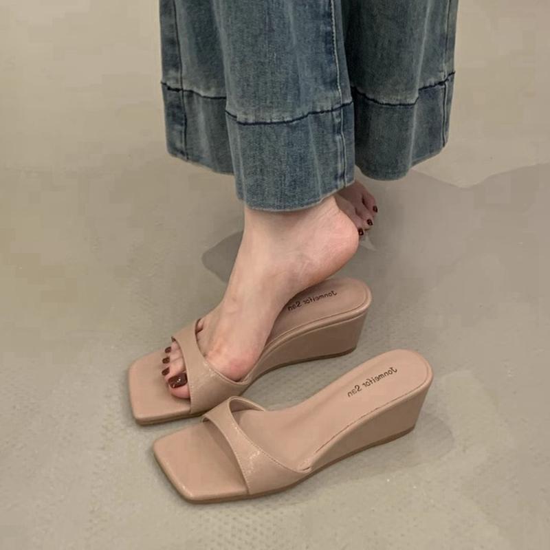 Fashion SUOJIALUN 2025 Summer New Women Slipper Fashion Med Wedge Heel Slip On Slides Shoes Ladies Elegant Outdoor Dress Flip Flop Shoes