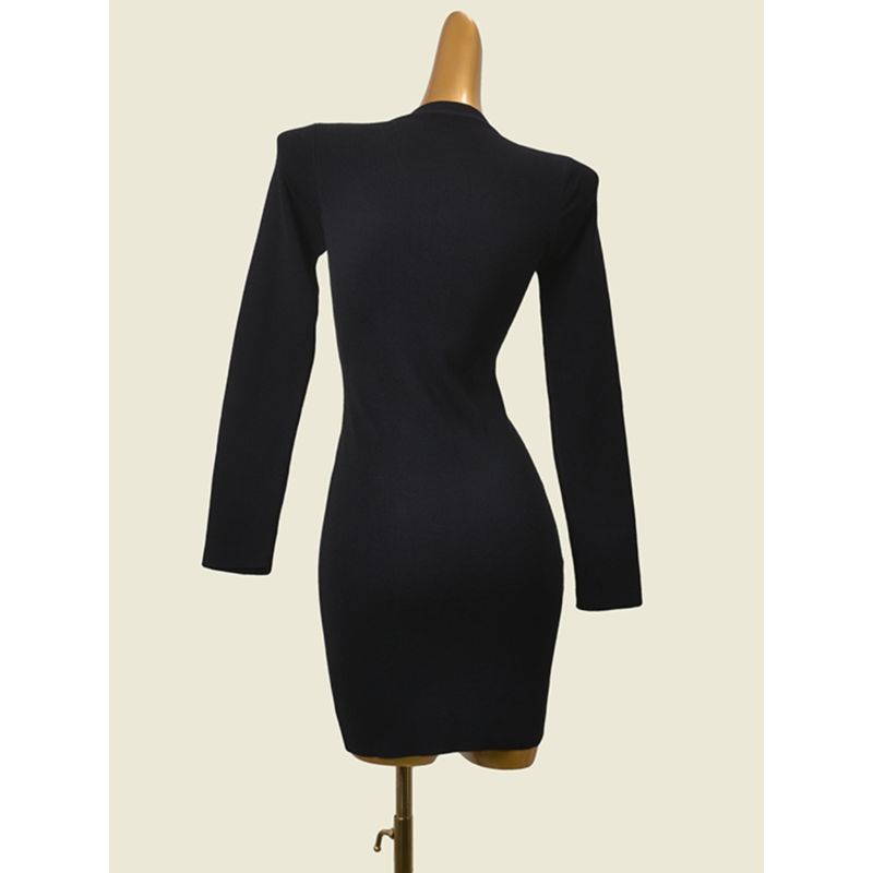 Foreign Trade Original Order Minimalist Black Long Sleeves Bodycon Dress Fashion Wind High Elastic Silm Metal Buckle Knitting Base Dress