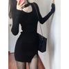Autumn Spring Long Sleeve Black Bodycon Skirt Dress for Mature Women - Waist Slimming, Tight Fit