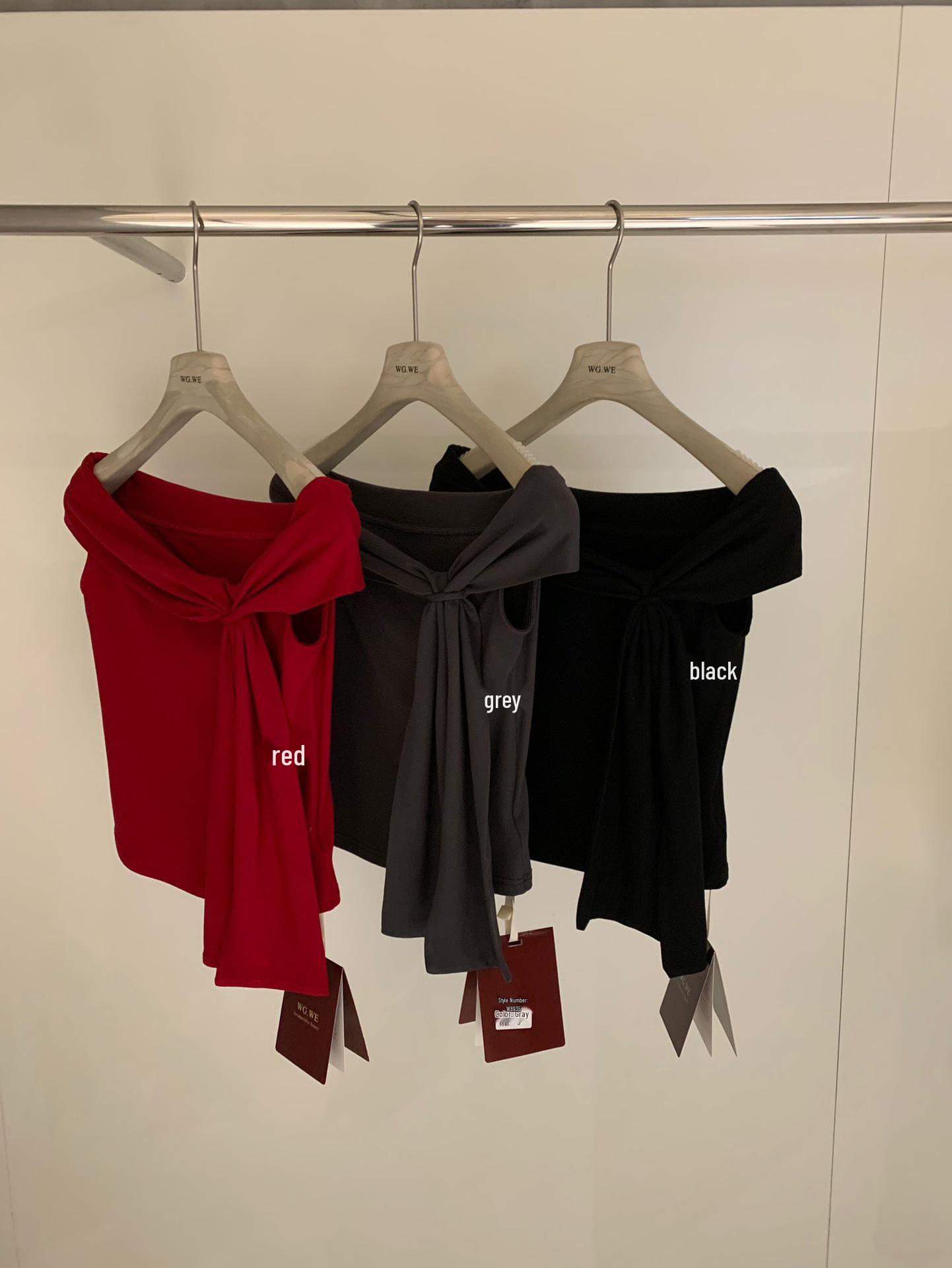 

Guangzhou Women s One-Shoulder Bow T-Shirt - Trendy Spring/Summer Short Sleeve Top Small сірий колір