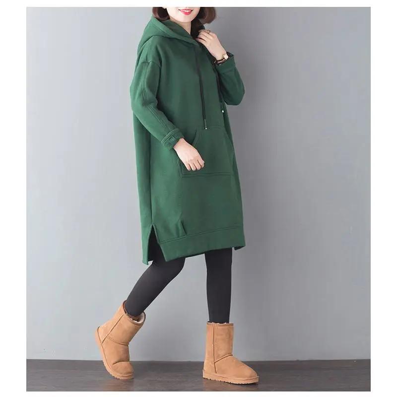 Autumn and Winter Clothes Large Size Mid-length Plus Velvet Thick Loose Sweater Hooded Split Jacket Ladies