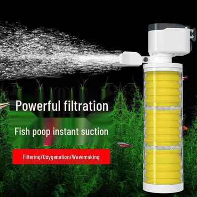 Fish Tank Filter: Three-in-One Purification with Built-in Pump for Circulation, Waste Suction, and Oxygenation. Small, Round, Transparent Design.
