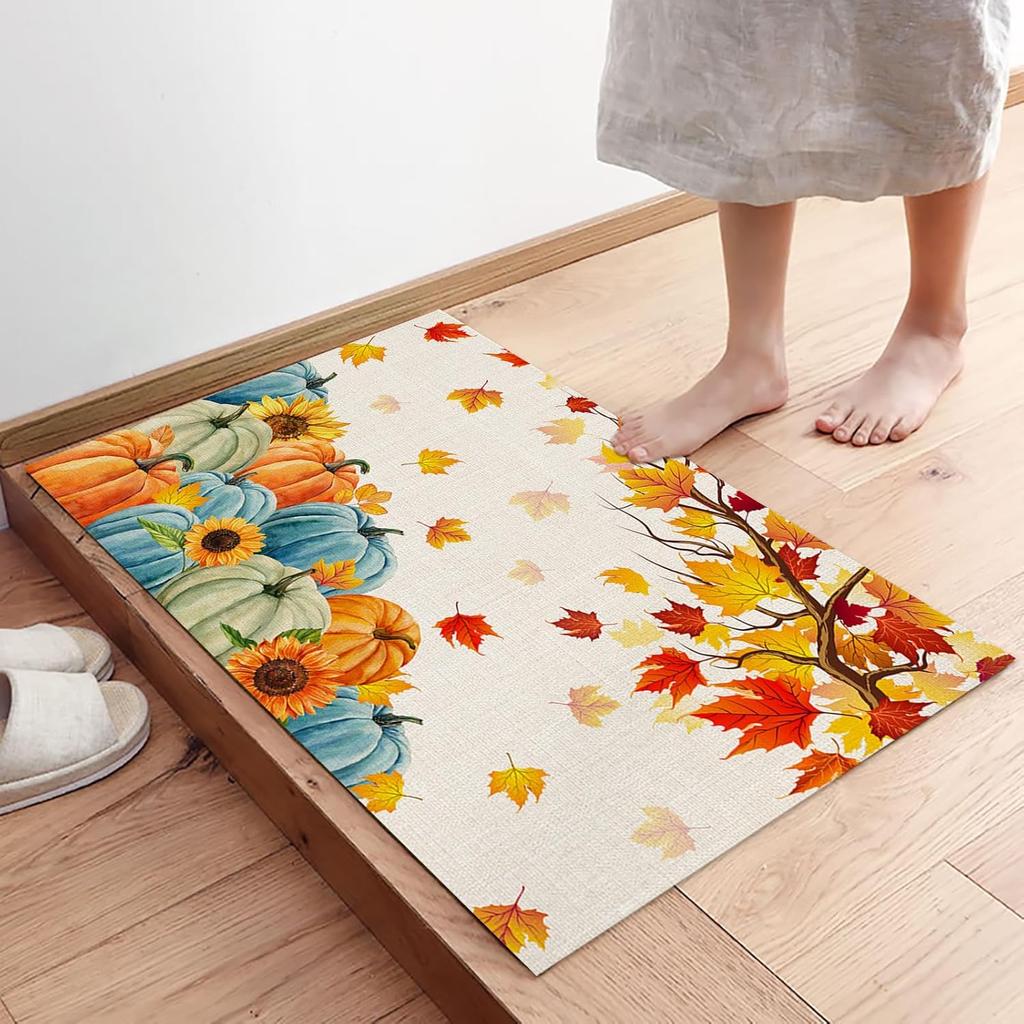 Fall Thanksgiving Pumpkin Sunflower Maple Leaf Welcome Doormat Entrance Non-slip Floormat Balcony Hallway Bath Rug Autumn Decor