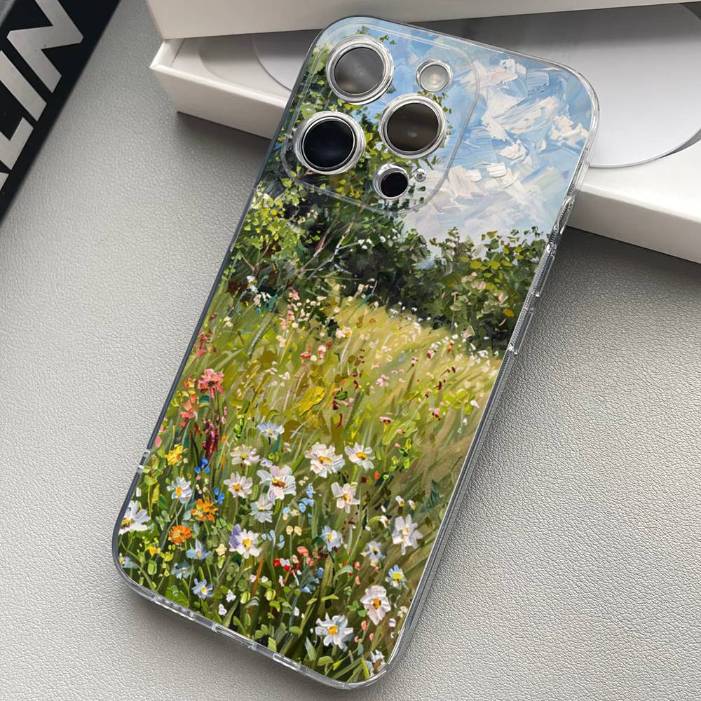 Oil Painting Of Flowers Transparent Phone Case For iPhone 17 16 15 11 12 13 14 Pro Max Mini Soft TPU Silicone Plus