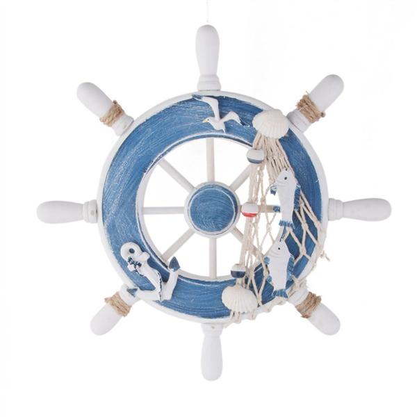 23cm Mediterranean Style Wall Hanging Wooden Boat Steering Wheel Fishing Net