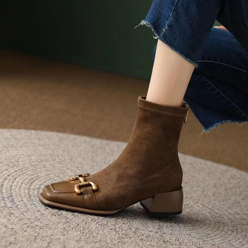 Fashion Black Elastic Socks Boots Spring Women's New Square Head Antique Short Boots Chunky Heel Boots Autumn Thick Heel Women's Boot
