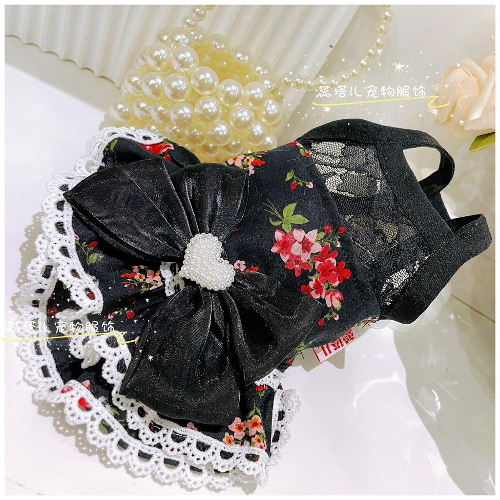 Lovely Puppy Dog Clothing Retro Chic Red Floral Print Lace Bow Black Princess Dress For Small Medium Dog Poodle Pet Dog Clothes