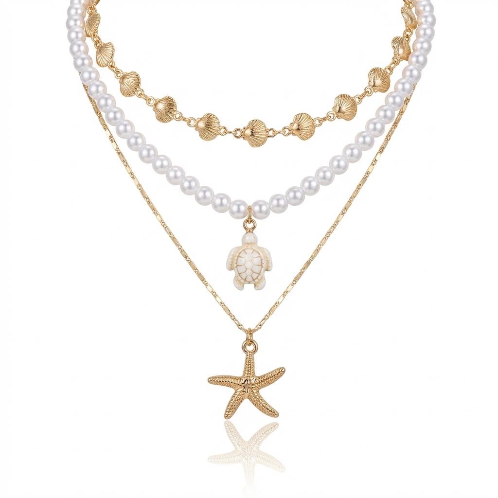 3Pcs/Set Pearl Starfish Sea Turtle Shell Necklace Bohemian Summer Beach Multi-layer Jewelry