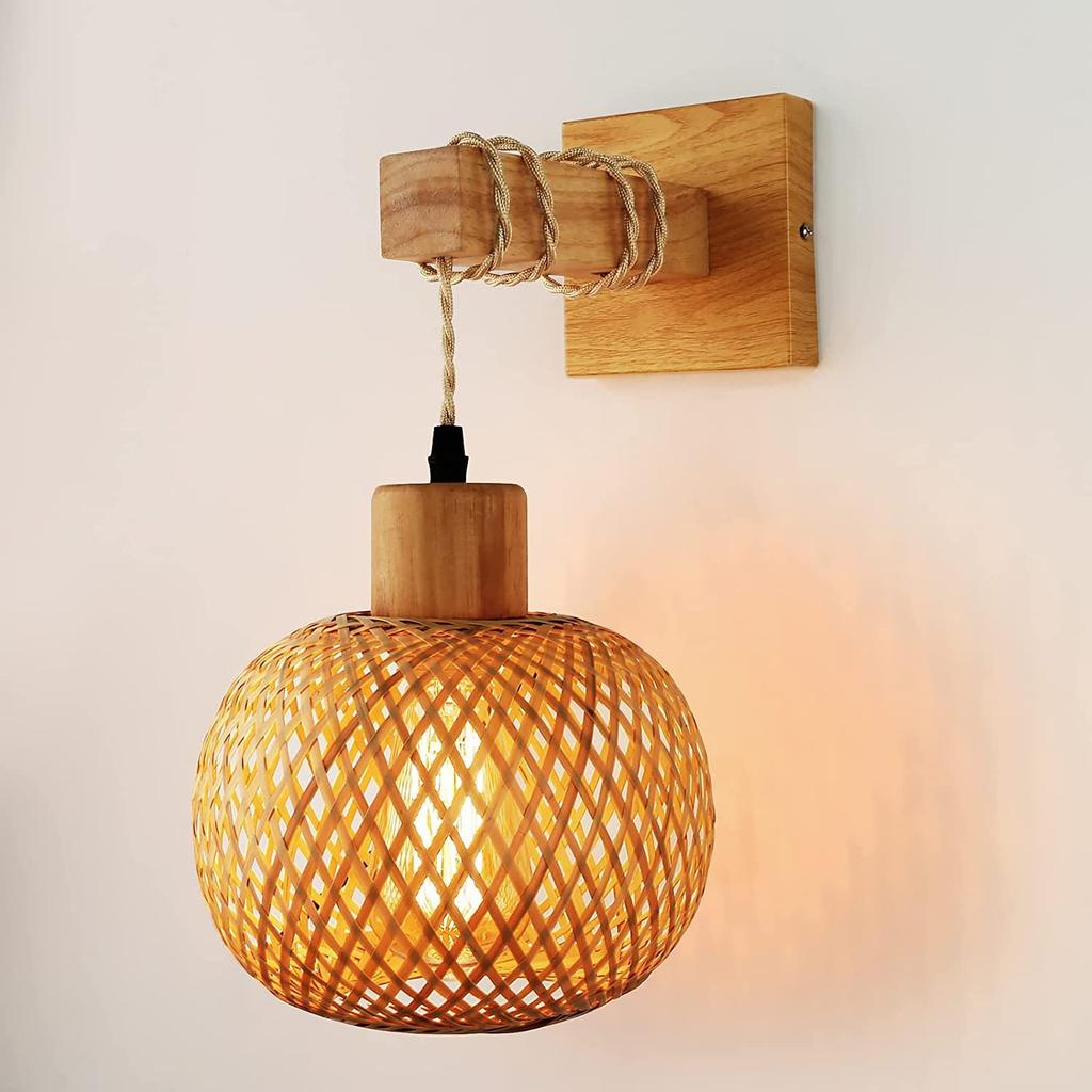 Vintage Japanische Bambus Gewebte Nachttisch Esszimmer Rattan Licht Holz Schlafzimmer Bauernhaus Ländliches Interieur Hintergrund Wandleuchte