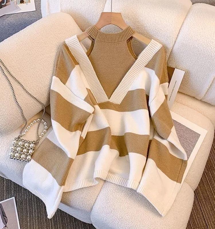 Women's Fake Two-piece Neck Hanging Off Shoulder Striped V-neck Sweater
