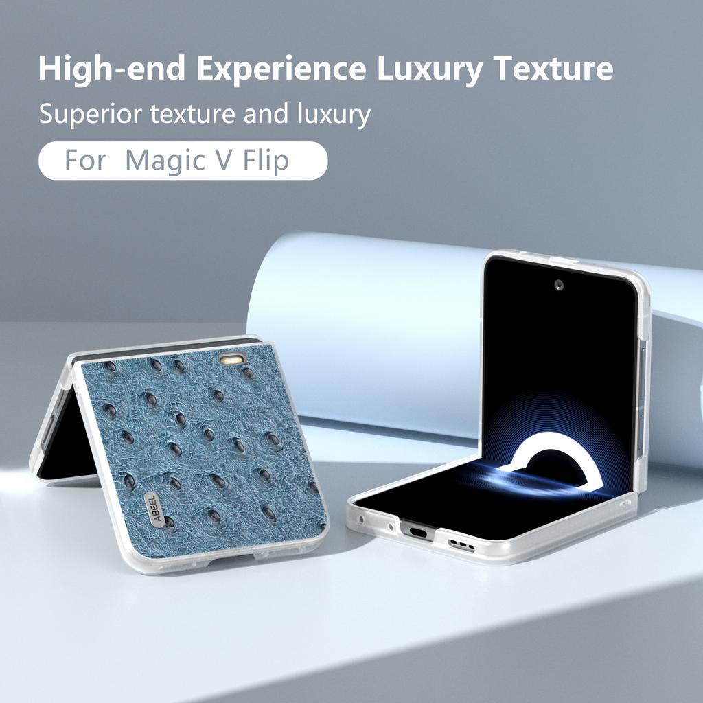 ABEEL For Honor Magic V Flip 5G Case Genuine Cow Leather+PC Hard Phone Cover Clear Matte Edge