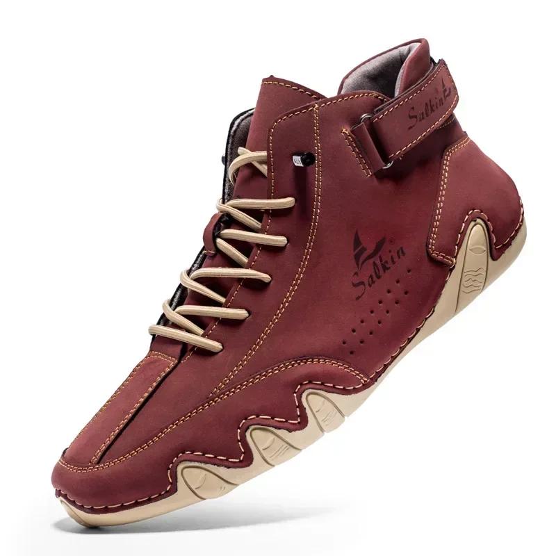 Handmade men's retro leather boots, fashionable designer shoes, outdoor boots, men's walking shoes, men's breathable boots