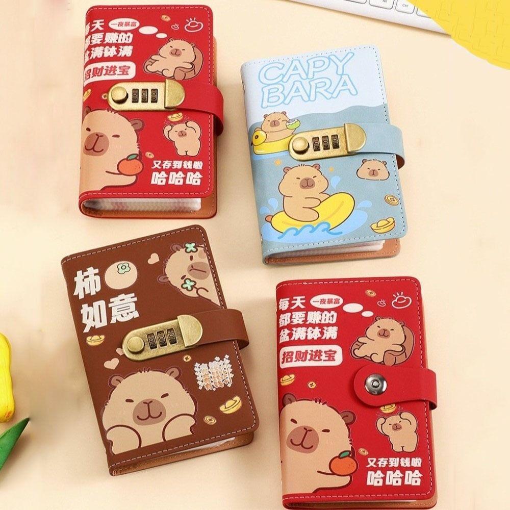 Cartoon Capybara Saving Money Binder PU Leather with Password Lock Planner Organizer Savings Handbook Cash Envelopes