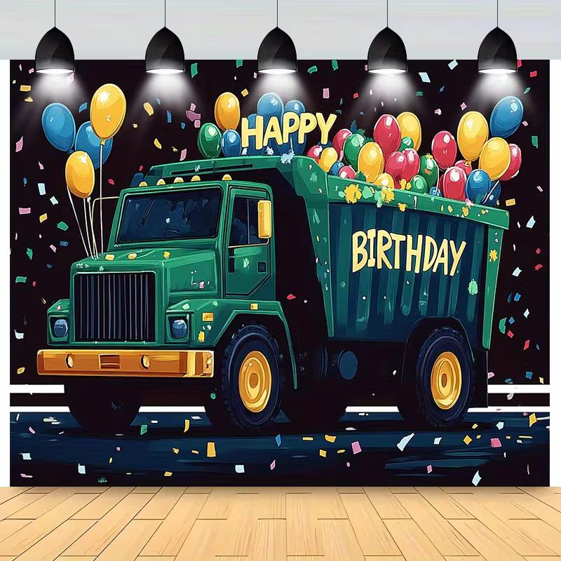 

2D Happy Birthday Dump Truck Backdrop, Construction Boys Party Decor 47.2x31.5inch/120*80cm