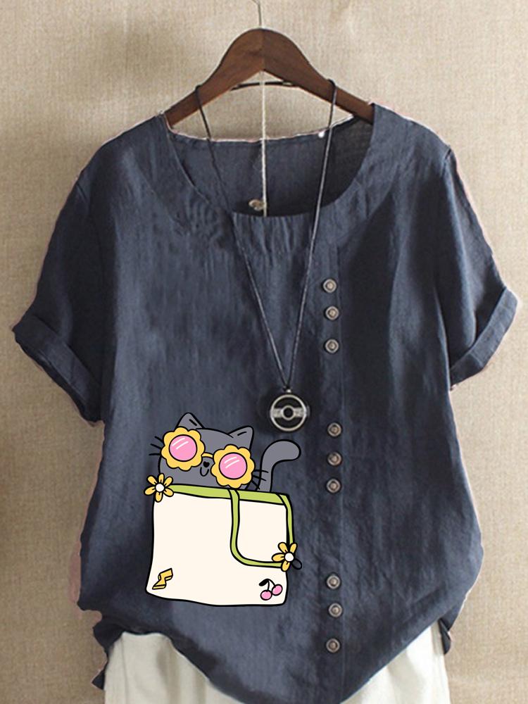 Women's Fashion Cat Print Casual Cotton Linen Short Sleeve Round Neck T-shirt Shirt Leisure Loose Summer Blouse Tops