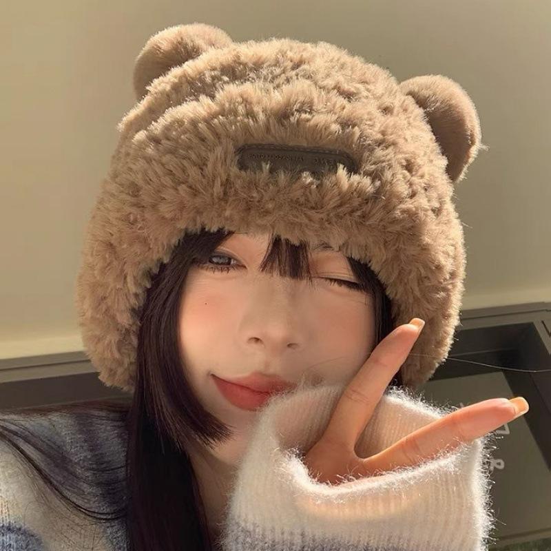 Women Autumn Winter Thickened Warm Baotou Imitation Fur Cover Head Basin Cap Cute Little Bear Plush Knitted Hat