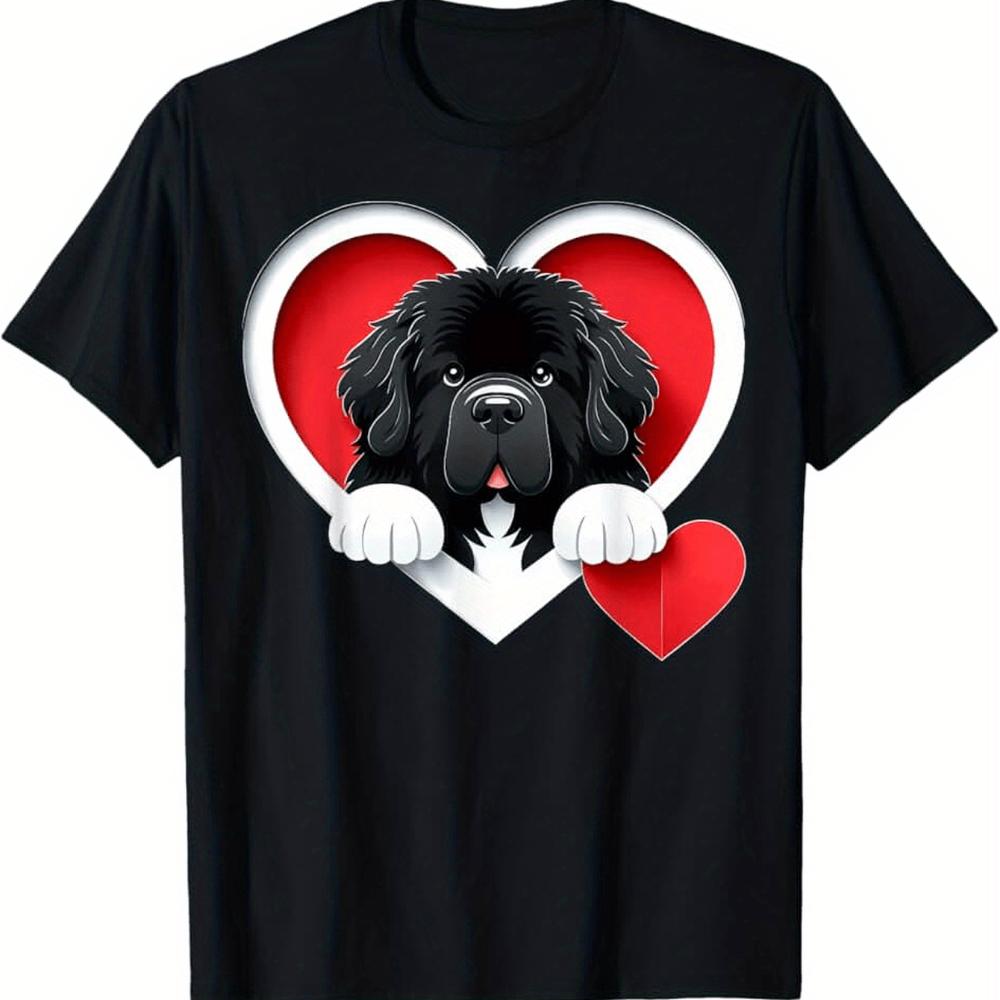 Newfoundland Dog Lover T-Shirt Cute Newfoundland Puppy Heart Pattern Black Cotton Casual Adult