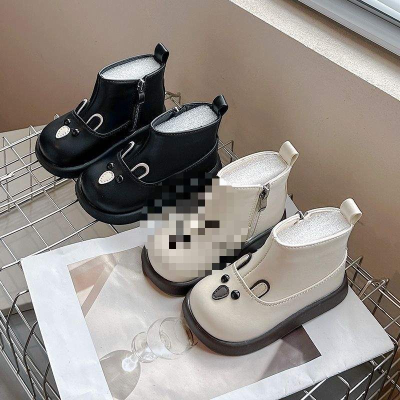 Children's leather boots Martin boots Baby boots Fleece 2025 autumn and winter soft-soled two-cotton cotton boots Boys and girls short boots