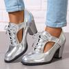 Patent Leather Cutout Chunky Heel Pumps Lace-Up Pointed Toe Dress Shoes Stylish High Heel Shoes for Office Work Fashion Casual